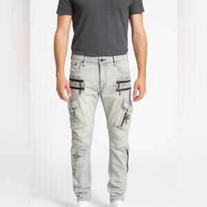 Robins Jean Mens Moto Cargo Pants Size 30 Light Wash Multi-Zip Buckle Straps